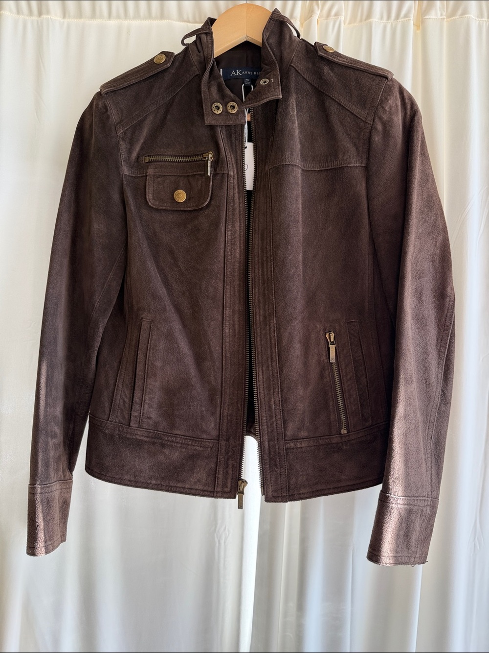 Anne Klein 100% Leather Moto Jacket Brown Gold Hardware (Size PS)